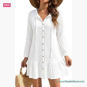Ruffle Beach Coverup Dress Rayon Button Down with Pockets